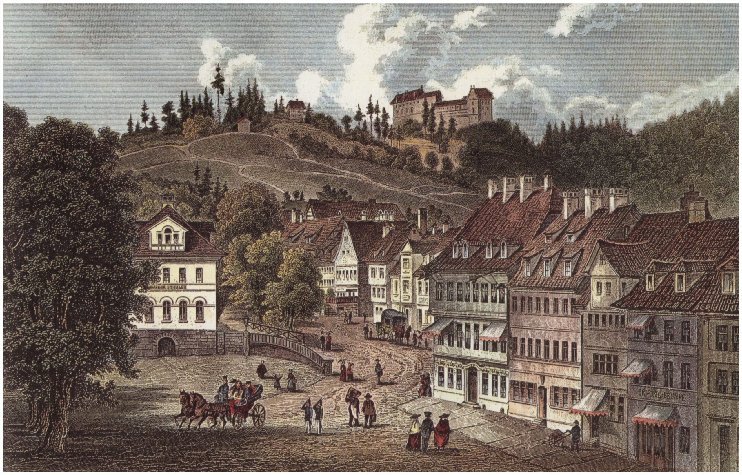 Heisinger_(c.1850)_Eisenach,_Marktplatz_von_Nordosten,_im_Hintergrund_die_Wartburg
